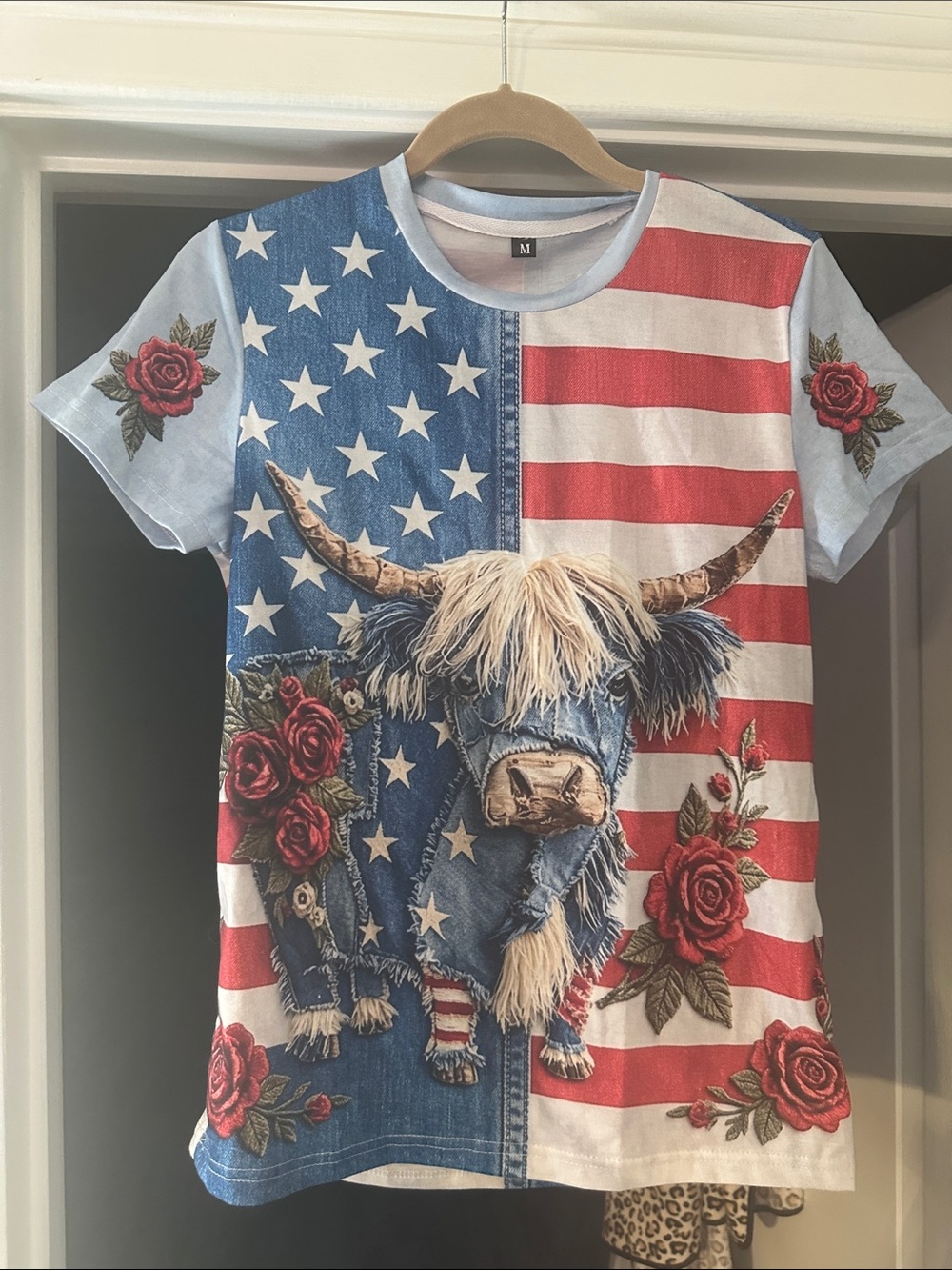Unbranded Women's Blue & Red Graphic Short Sleeve Tee - Patriotic Cow Print